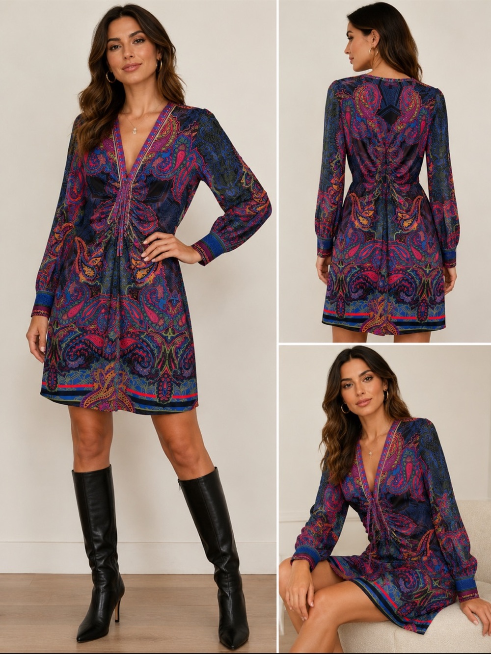Hale Bob V-Neck Stretch Midi Dress Womens Sz S Purple Paisley Long Sleeve y2K